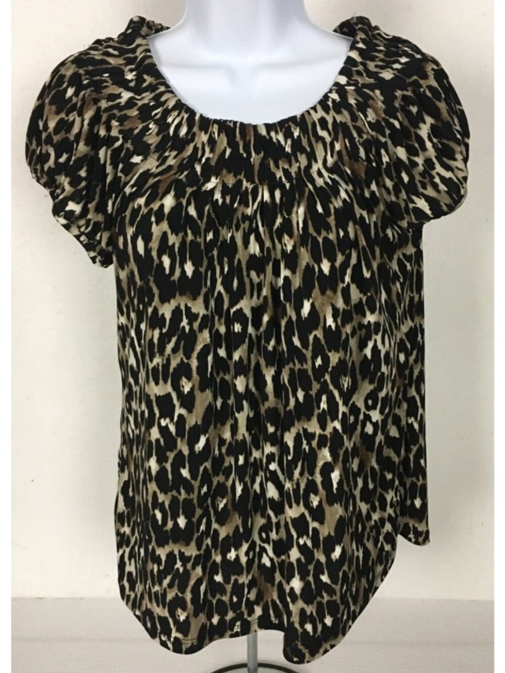 Style and Co Top Size PM Brown Black Tan Leopard Print Short Sleeve Blouse